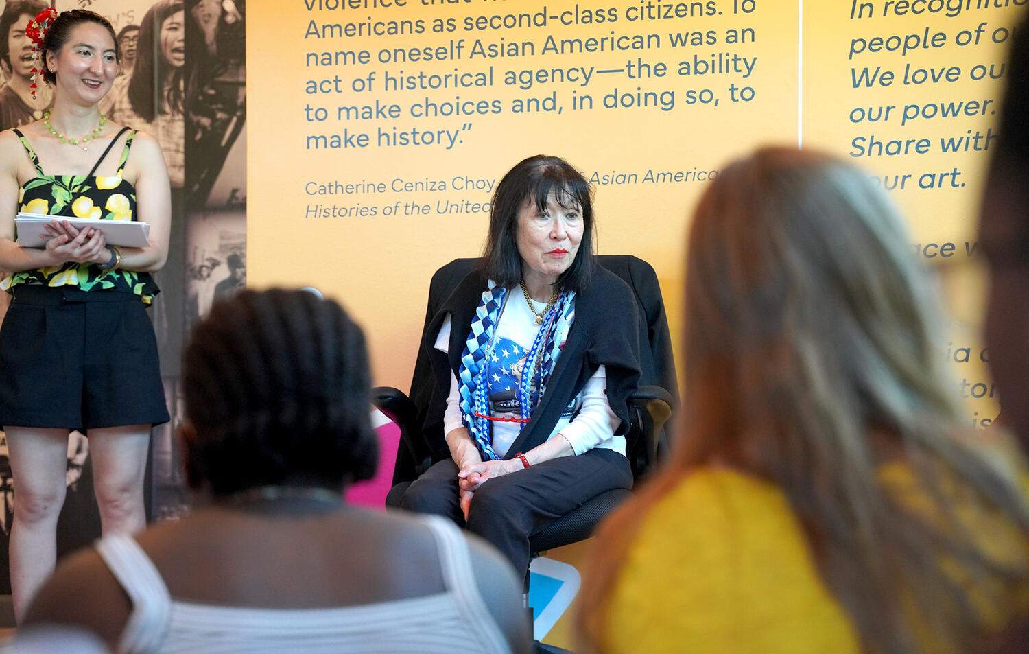 Karen Korematsu speaks to Justice Camp students at the AAPI History Museum in Providence.