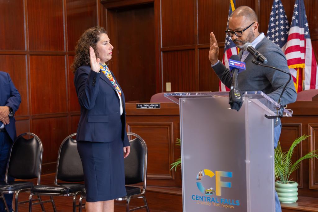 Debbie Gonzales swearing oath at Central Falls City Hall