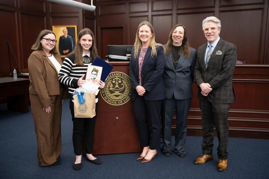 Gregory W. Bowman, RWU Law Dean; Emily J. Sack, RWU Law Professor; Middle School Category - Catherine Harley - Broad Rock Middle School, Grade 7; Megan Graham L’25, RWU Law Women’s Law Society President.
