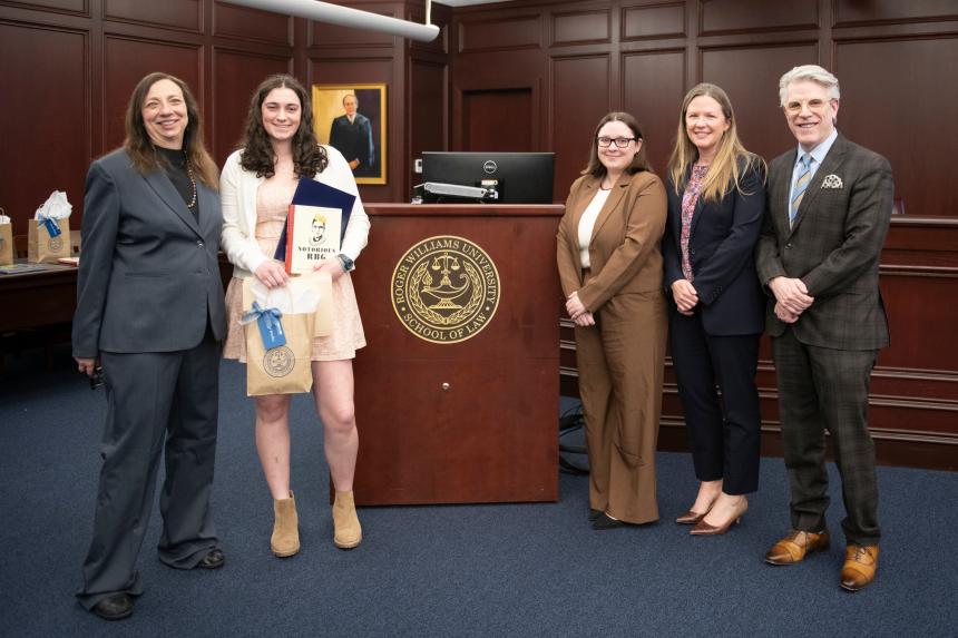 Gregory W. Bowman, RWU Law Dean; Emily J. Sack, RWU Law Professor; High School Category - Hazel Bradley - Mt. Hope High School, Grade 10; Megan Graham L’25, RWU Law Women’s Law Society President.