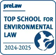 preLaw magazine badge reading: Top School for Environmental Law 2024–2025, with an icon of a globe with a leaf