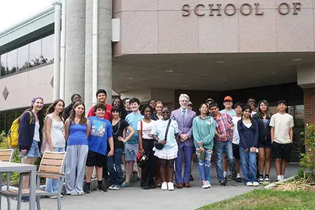 Justice Camp students gather outside the RWU School of Law.