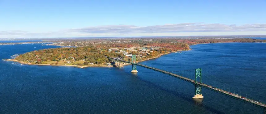 Aerial photo of campus and Mount Hope bridge.
