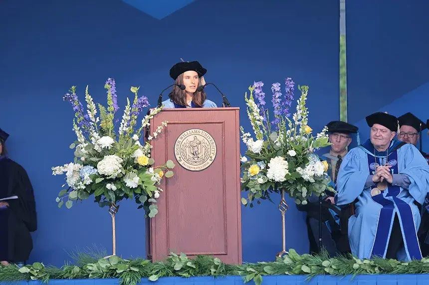 Commencement Speaker Cole Brauer addresses the crowd