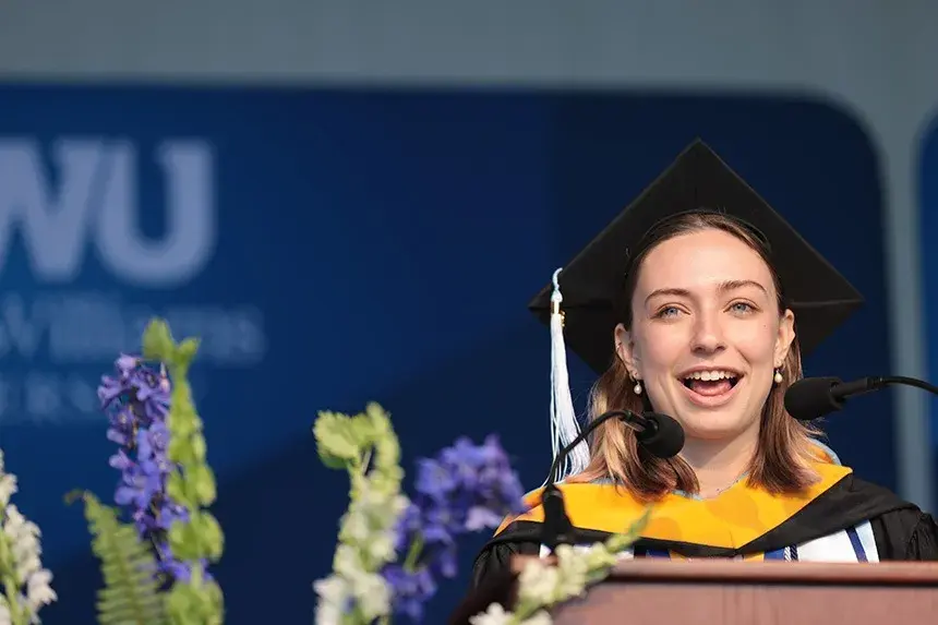 RWU undergraduate student speaker addresses the crowd